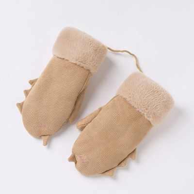 Kid's Hanging Neck Gloves Winter Plus Velvet Thick Corduroy Outdoor Warm and Windproof Unicorn Cartoon Cute Pupils 5-8 Years Old (Color : Brown)