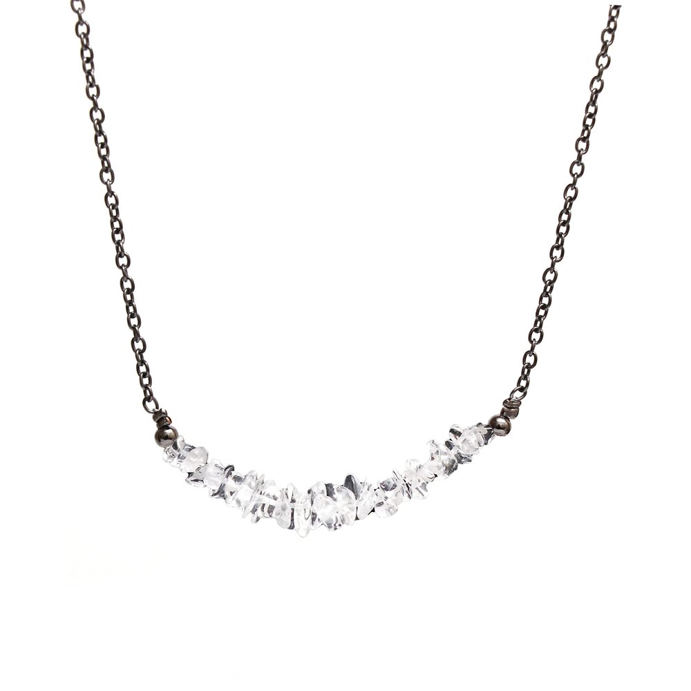 Gempires Clear Quartz Chips Bar Necklace, Crystal Quartz Necklace, April Birthstone, Gift for Her, Clear Quartz Jewelry, 18 inch Adjustable black plated chain