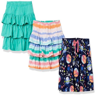 Amazon Essentials Toddler Girls' Knitted Ruffle Scooter Skirts with Elastic Waist and Built in Shorts (Previously Spotted Zebra), Pack of 3, Navy Space/Turquoise Green/White Tie Dye, 3T