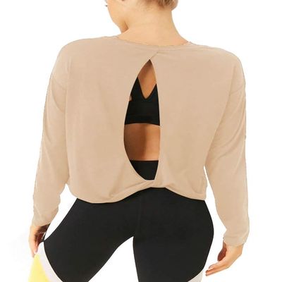 Bestisun Long Sleeve Workout Clothes Open Back Athletic Shirts Backless Yoga Tops for Women Khaki M
