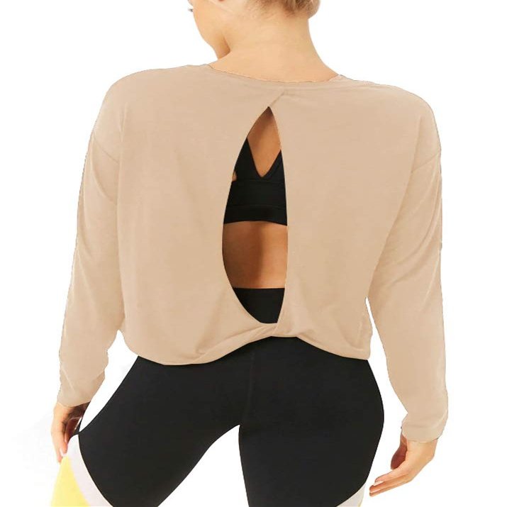Bestisun Long Sleeve Workout Clothes Open Back Athletic Shirts Backless Yoga Tops for Women Khaki M