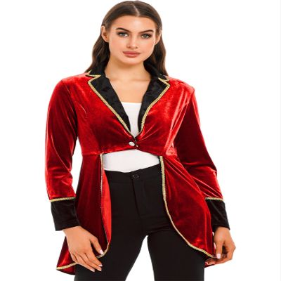 YONGHS Women's Velvet Tailcoat Circus Ringmaster Costume Steampunk Swallow-Tailed Blazer Jacket Coat Red X-Large