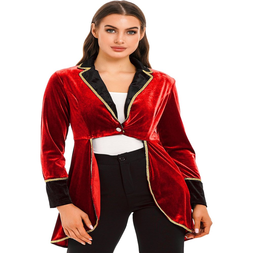 YONGHS Women's Velvet Tailcoat Circus Ringmaster Costume Steampunk Swallow-Tailed Blazer Jacket Coat Red X-Large