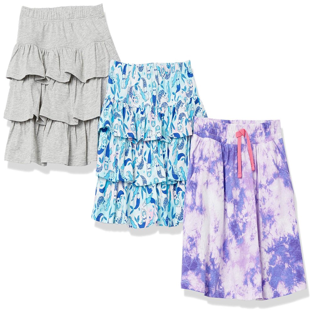 Amazon Essentials Toddler Girls' Knitted Ruffle Scooter Skirts (Previously Spotted Zebra), Pack of 3, Blue Mermaids/Grey/Purple Tie Dye, 4T