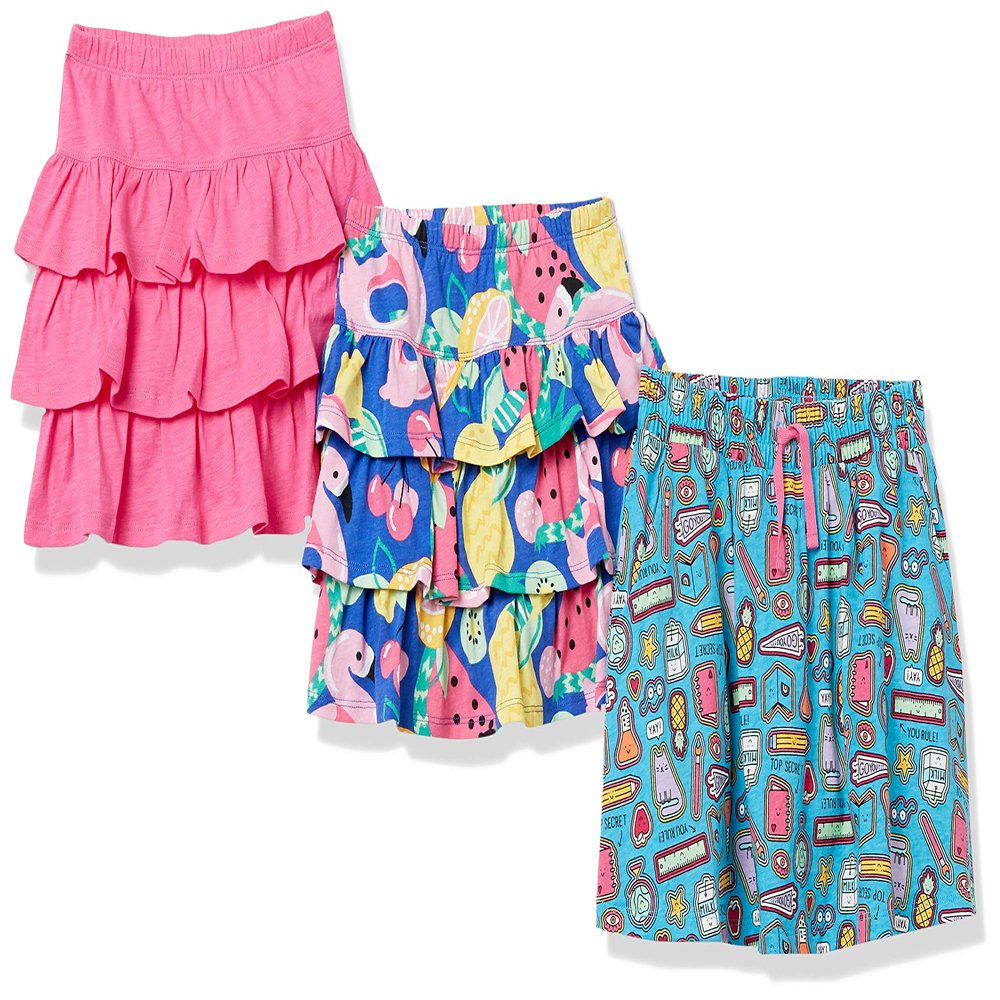 Amazon Essentials Toddler Girls' Knitted Ruffle Scooter Skirts with Elastic Waist and Built in Shorts (Previously Spotted Zebra), Pack of 3, Deep Blue Fruit/Doodles Print/Pink, 3T