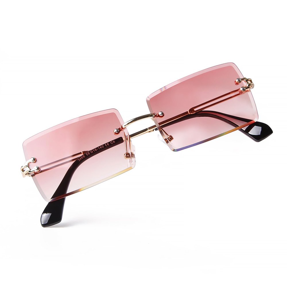 Laurinny Rimless Rectangle Sunglasses for Women Fashion 90s Frameless Square Pink Tinted Sun Glasses