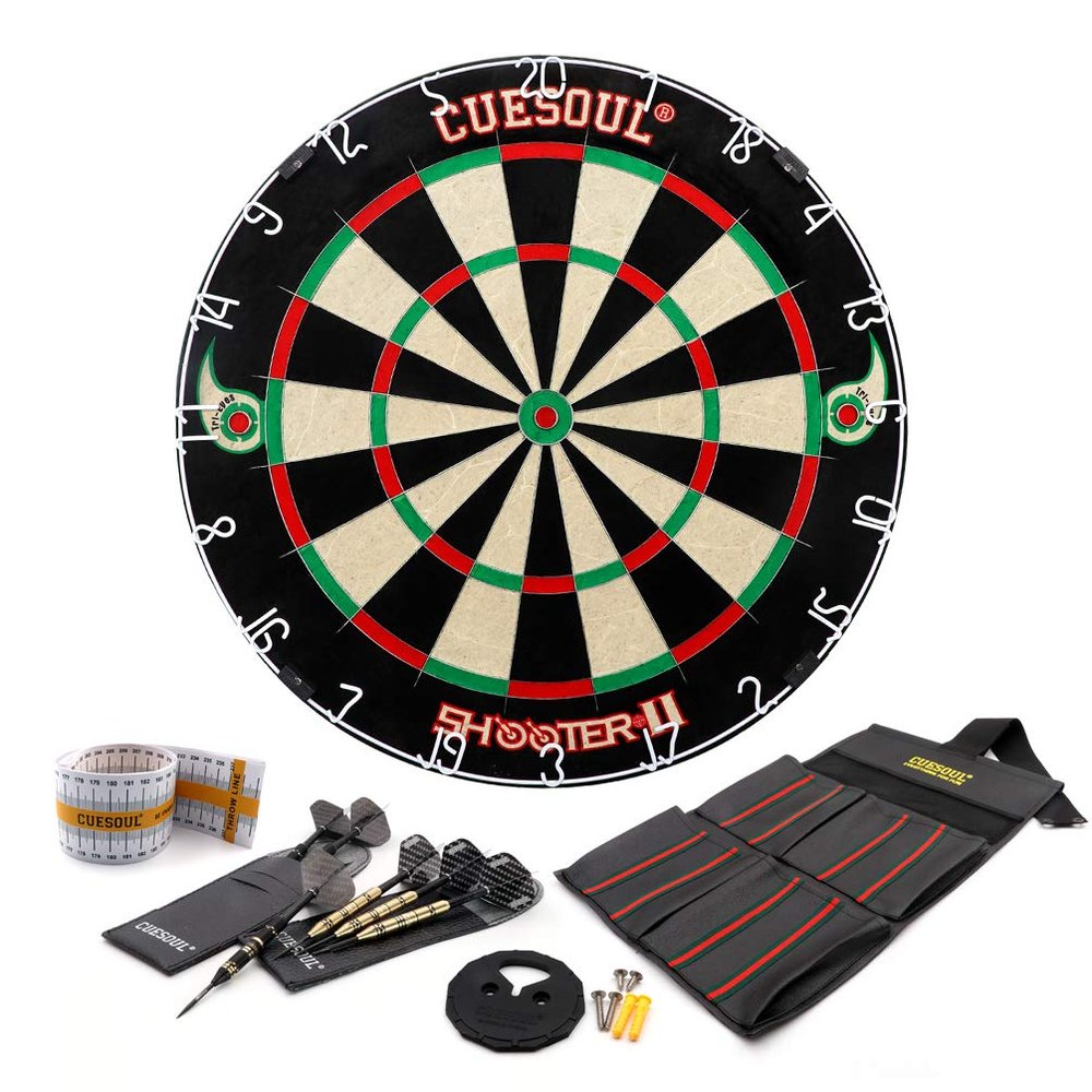 CUESOUL Shooter-II TRI-Eyes Official Size Sisal Bristle Dartboard Set with Extra Steel Tip Darts 6 Pack Without Surround.