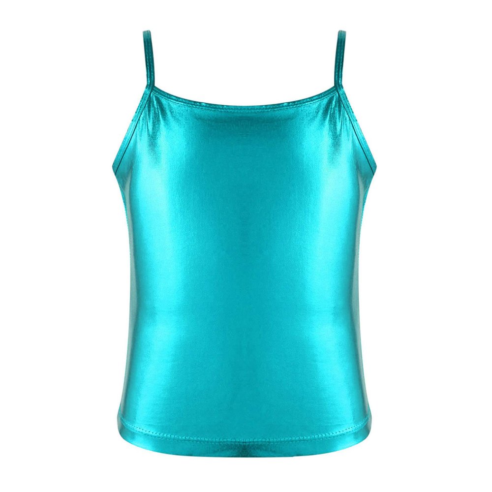 Agoky Girls Shiny Metallic Ballet Dance Tank Tops Sleeveless Jazz Hip Hop Dance Tops Latin Dance Costume Ballerina Dancewear Lake Blue 8 Years