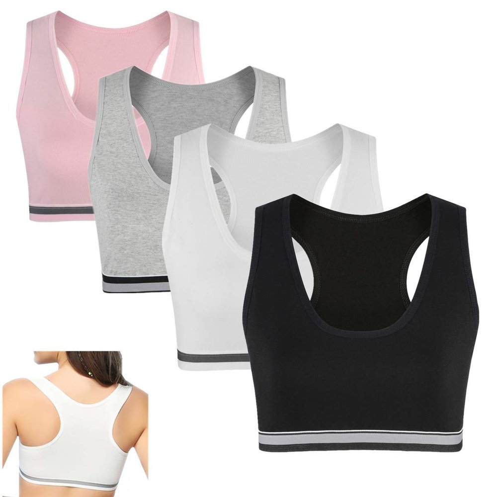 MANJIAMEI Cami Active Racerback Training Bras for Girls 8-10 Sports Bras 4 Pack