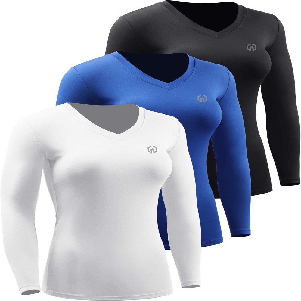 NELEUS Women's 3 Pack Compression Shirts Long Sleeve Yoga Athletic Running Shirts,V-Neck,Black/Blue/White,XL