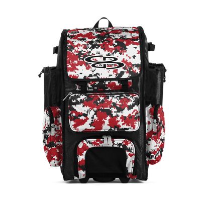 Boombah Rolling Superpack Baseball/Softball Gear Bag - 23-1/2" x 13-1/2" x 9-1/2" - Digital Camo Black/Red - Telescopic Handle - Holds 4 Bats - Wheeled Version