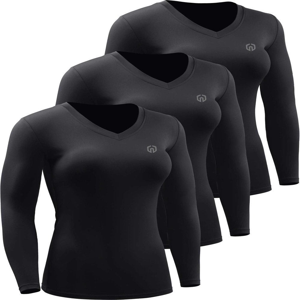 NELEUS Women's 3 Pack Compression Shirts Long Sleeve Yoga Athletic Running Shirts,V-Neck,Black/Black/Black,XL