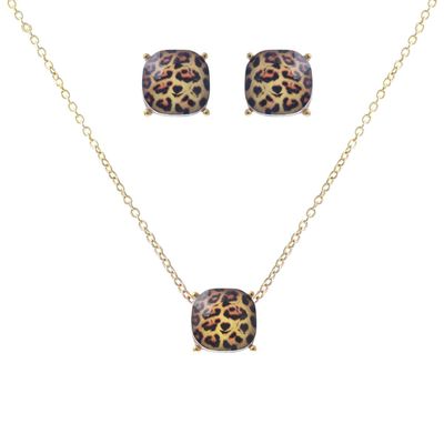 NTLX Leopard Print Pendant Necklace & Earring Set for Women - Dainty Cushion Cut Matching Acrylic Gemstones - Simple, Delicate Gems - 14K Gold-Plated - Gift Box Included
