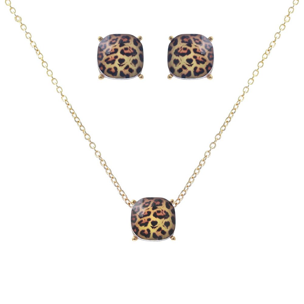 NTLX Leopard Print Pendant Necklace & Earring Set for Women - Dainty Cushion Cut Matching Acrylic Gemstones - Simple, Delicate Gems - 14K Gold-Plated - Gift Box Included
