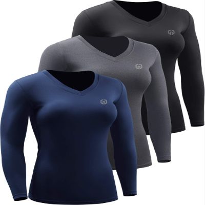 NELEUS Women's 3 Pack Compression Shirts Long Sleeve Yoga Athletic Running Shirts,V-Neck,Black/Grey/Navy Blue,XL