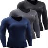 NELEUS Women's 3 Pack Compression Shirts Long Sleeve Yoga Athletic Running Shirts,V-Neck,Black/Grey/Navy Blue,XL view 1