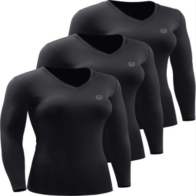 NELEUS Women's 3 Pack Compression Shirts Long Sleeve Yoga Athletic Running Shirts,V-Neck,Black/Black/Black,L