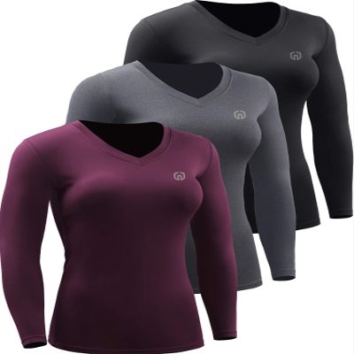 NELEUS Women's 3 Pack Compression Shirts Long Sleeve Yoga Athletic Running Shirts,V-Neck,Black/Grey/Red,2XL