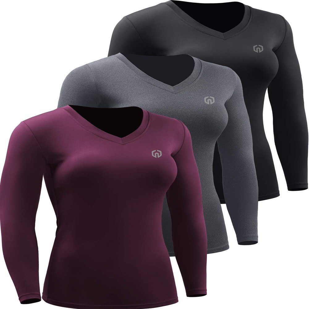 NELEUS Women's 3 Pack Compression Shirts Long Sleeve Yoga Athletic Running Shirts,V-Neck,Black/Grey/Red,2XL
