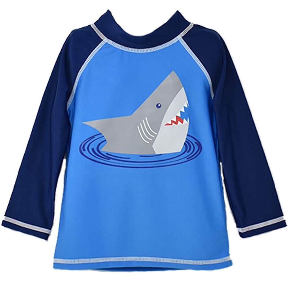 Flap Happy Toddler Rash Guard Swim Shirt withGraphic| Made with Recycled Bottles | UPF 50+ Highest Certified UV Sun Protection | Shark Doodles, 24M