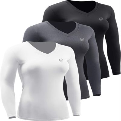 NELEUS Women's 3 Pack Compression Shirts Long Sleeve Yoga Athletic Running Shirts,V-Neck,Black/Grey/White,S
