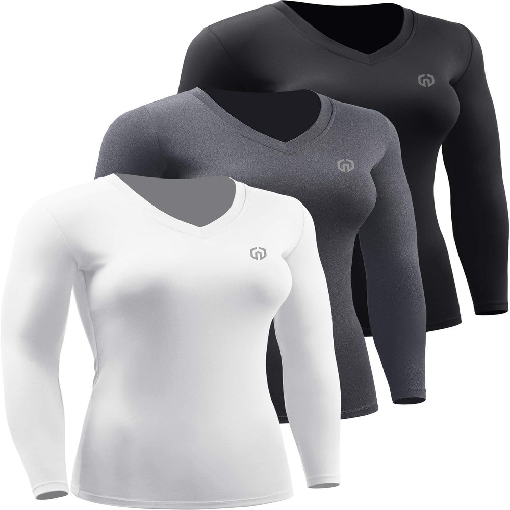 NELEUS Women's 3 Pack Compression Shirts Long Sleeve Yoga Athletic Running Shirts,V-Neck,Black/Grey/White,S