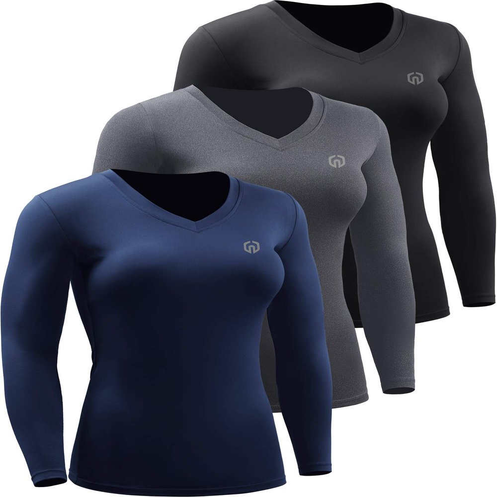 NELEUS Women's 3 Pack Compression Shirts Long Sleeve Yoga Athletic Running Shirts,V-Neck,Black/Grey/Navy Blue,2XL