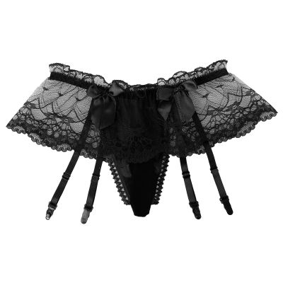 easyforever Mens Sissy Pouch Panties Sheer Lace Thong G-String Skirted Bikini Briefs Thong Underwear Type C Black Garter One Size