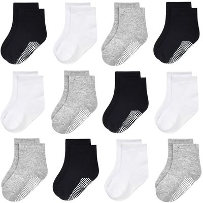 GRPSKCOS Baby Socks Non Slip 12 Pairs Toddler Anti Skid Socks for 0-7 Years Infants Little Kids Boys Girls(#2 12 Pairs Black+Grey+White, 1-3T)