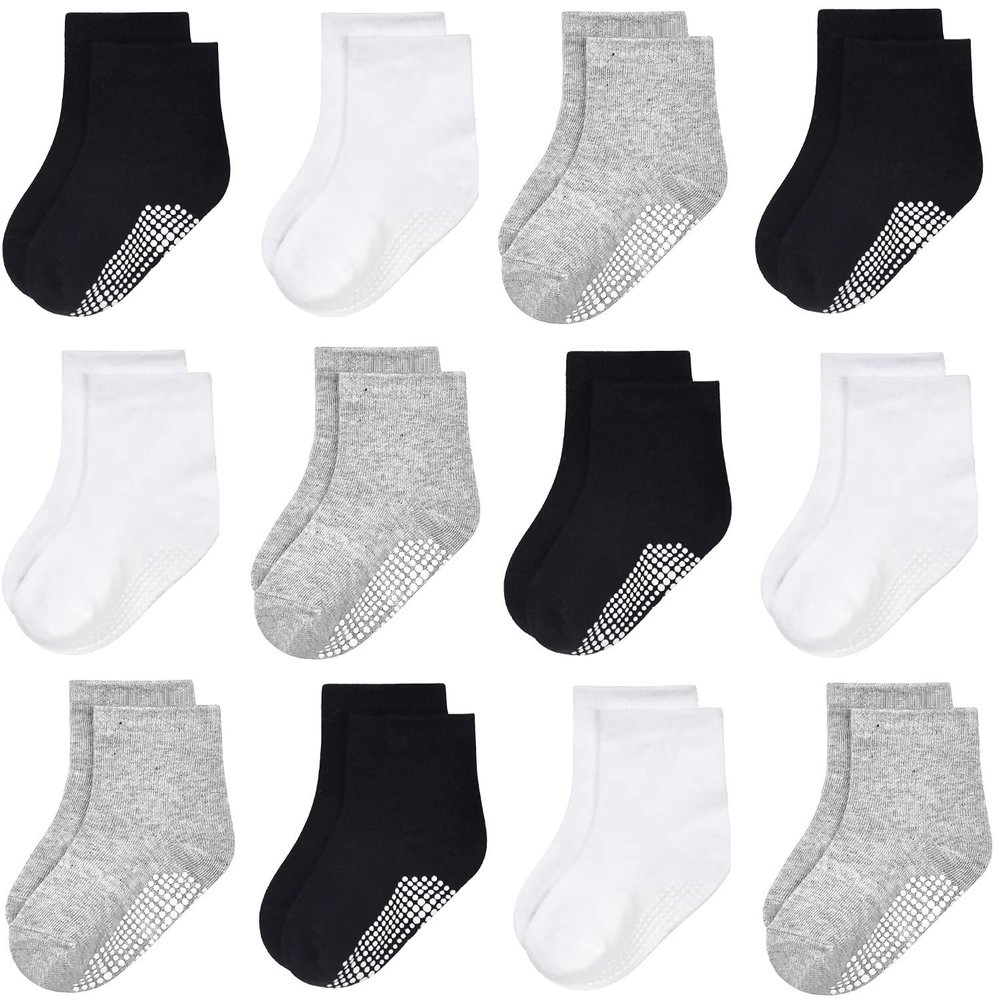 GRPSKCOS Baby Socks Non Slip 12 Pairs Toddler Anti Skid Socks for 0-7 Years Infants Little Kids Boys Girls(#2 12 Pairs Black+Grey+White, 1-3T)