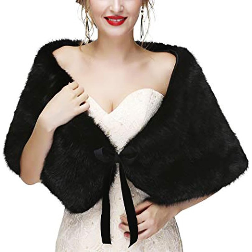 Zehory Bridal Faux Fur Shawl Wrap Wedding Stole Shrug Winter Evening Shoulder Shawls Cover Up for Bride and Bridesmaids Women (Black)