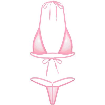 Agoky Women's Solid Halter Push up Micro Brazilian Thong Bikini Swimsuit Bathing Suit Pink One Size