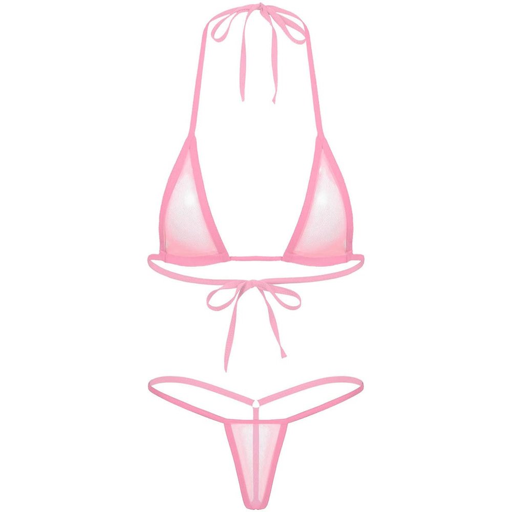 Agoky Women's Solid Halter Push up Micro Brazilian Thong Bikini Swimsuit Bathing Suit Pink One Size