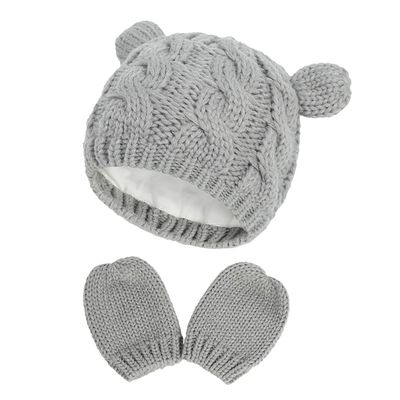 Queenbox Baby Hat Mitten Set Infant Toddler Warm Beanie Knit Bear Cap Gloves Set Dark Gray