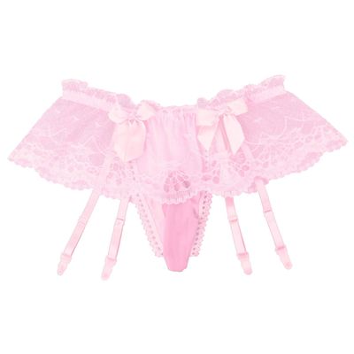 easyforever Mens Sissy Pouch Panties Sheer Lace Thong G-String Skirted Bikini Briefs Thong Underwear Type C Pink Garter One Size