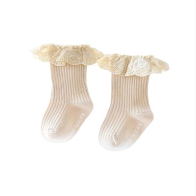 BULINGNA Baby Girl Eyelet Ruffle Lace Socks Cotton Cable Knit Non-Slip Hosiery Tube Stockings Dressy Long Socks for Infants Toddler Girl 0-3T (Beige, 1-3T)