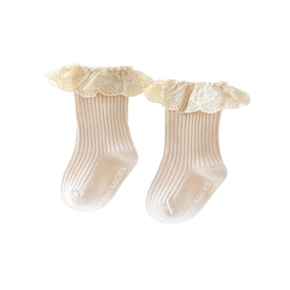 BULINGNA Baby Girl Eyelet Ruffle Lace Socks Cotton Cable Knit Non-Slip Hosiery Tube Stockings Dressy Long Socks for Infants Toddler Girl 0-3T (Beige, 1-3T)