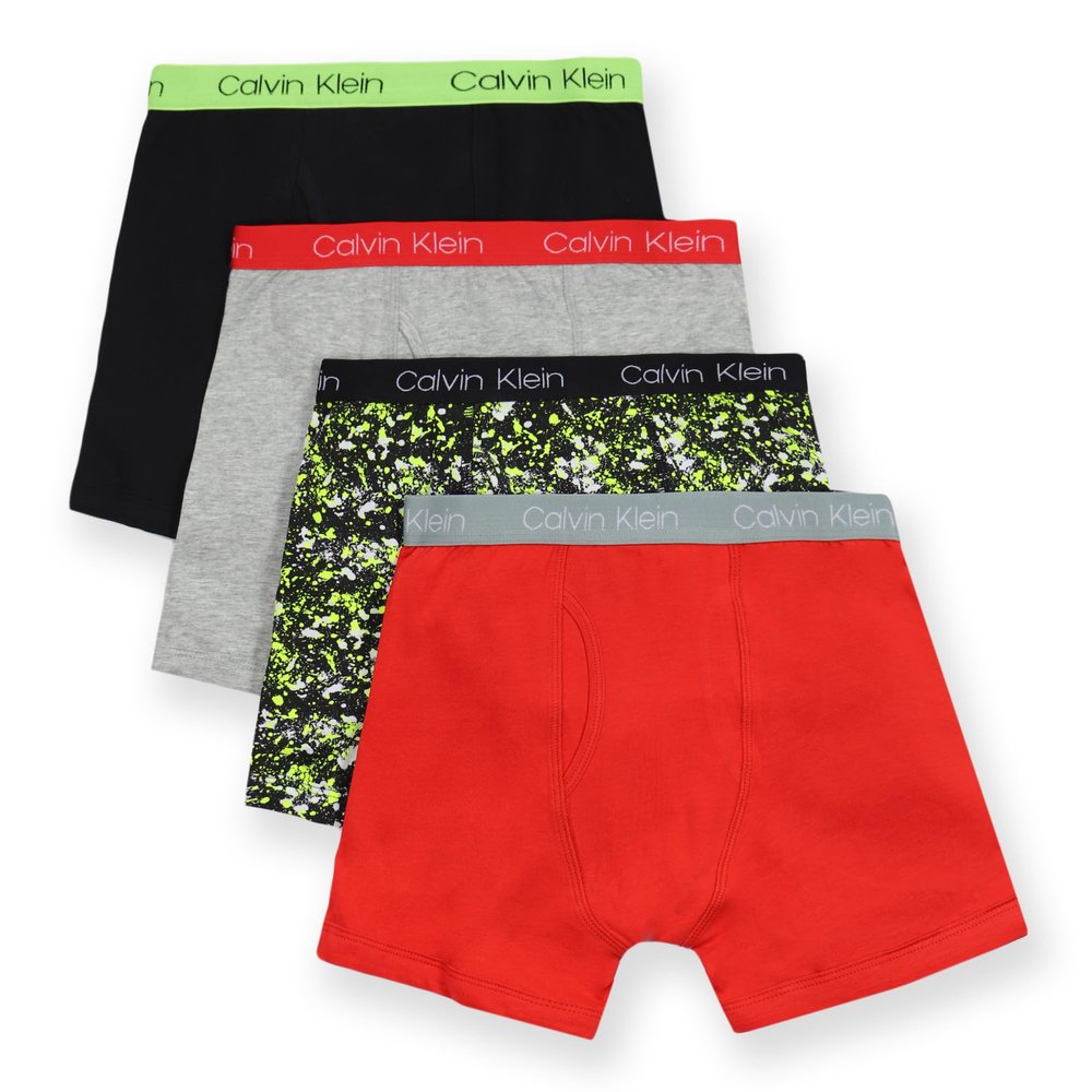 Calvin Klein Boys Modern Cotton Boxer Brief Underwear 4-Pack, Black/Heather Grey/Splatter/Red, Small