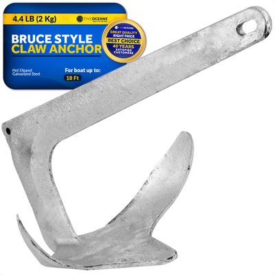 Five Oceans FO4551 Bruce Style Claw Anchor, 4.4 Lb / 2Kg Hot Dipped Galvanized Steel Boat Anchor, for Pontoon, Kayak, Personal Watercraft, Paddleboards, Canoes, Inflatables & Small Fishing Boats
