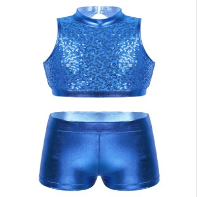 Yartina Kids Girls Dance Gymnastics Sport Outfits 2 Piece Metallic Sequins Crop Tops with Bottoms Swimwear Suit Blue 10