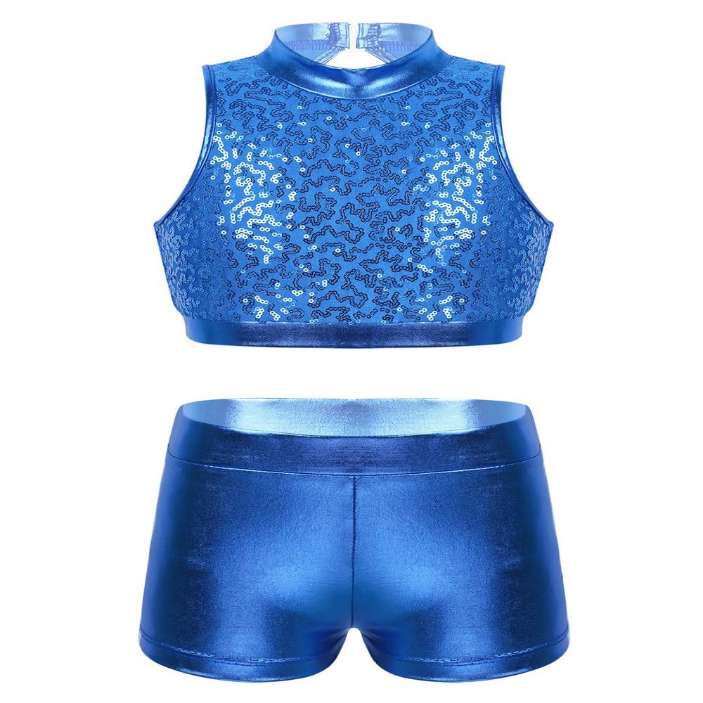 Yartina Kids Girls Dance Gymnastics Sport Outfits 2 Piece Metallic Sequins Crop Tops with Bottoms Swimwear Suit Blue 10