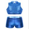 Yartina Kids Girls Dance Gymnastics Sport Outfits 2 Piece Metallic Sequins Crop Tops with Bottoms Swimwear Suit Blue 10 view 1