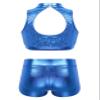 Yartina Kids Girls Dance Gymnastics Sport Outfits 2 Piece Metallic Sequins Crop Tops with Bottoms Swimwear Suit Blue 10 view 2