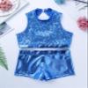 Yartina Kids Girls Dance Gymnastics Sport Outfits 2 Piece Metallic Sequins Crop Tops with Bottoms Swimwear Suit Blue 10 view 3