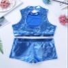 Yartina Kids Girls Dance Gymnastics Sport Outfits 2 Piece Metallic Sequins Crop Tops with Bottoms Swimwear Suit Blue 10 view 4