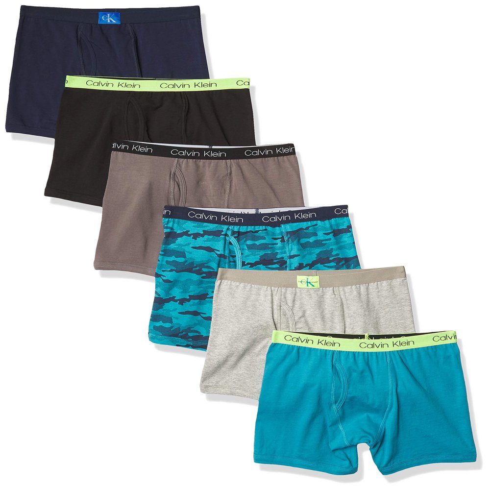 Calvin Klein Boys' Modern Cotton Boxer Brief Underwear 6-pack, Castlerock Grey/Moon Blue/Black Iris/Camo/Heather Grey/Black, Medium