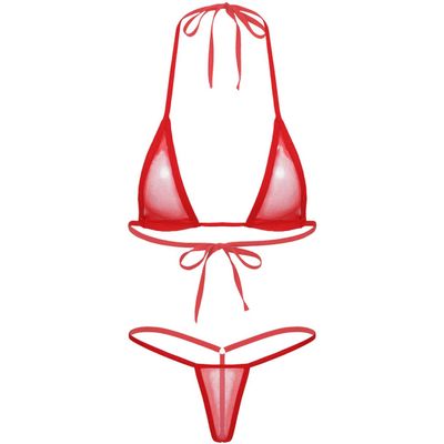 Agoky Women's Solid Halter Push up Micro Brazilian Thong Bikini Swimsuit Bathing Suit Red One Size