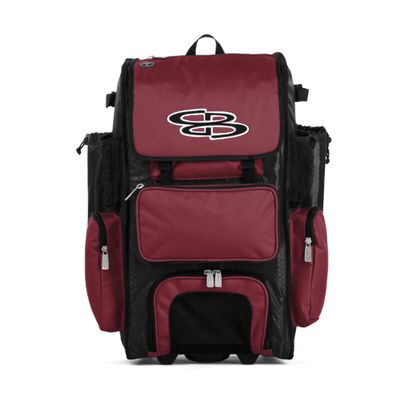 Boombah Rolling Superpack Baseball/Softball Gear Bag - 23-1/2" x 13-1/2" x 9-1/2" - Black/Cardinal - Telescopic Handle - Holds 4 Bats - Wheeled Version