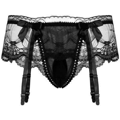 Alvivi Men's Sissy Lace Pouch Skirted Lingerie Sheer Bowknot Jockstraps Crossdress Bikini Briefs Underwear Black One Size