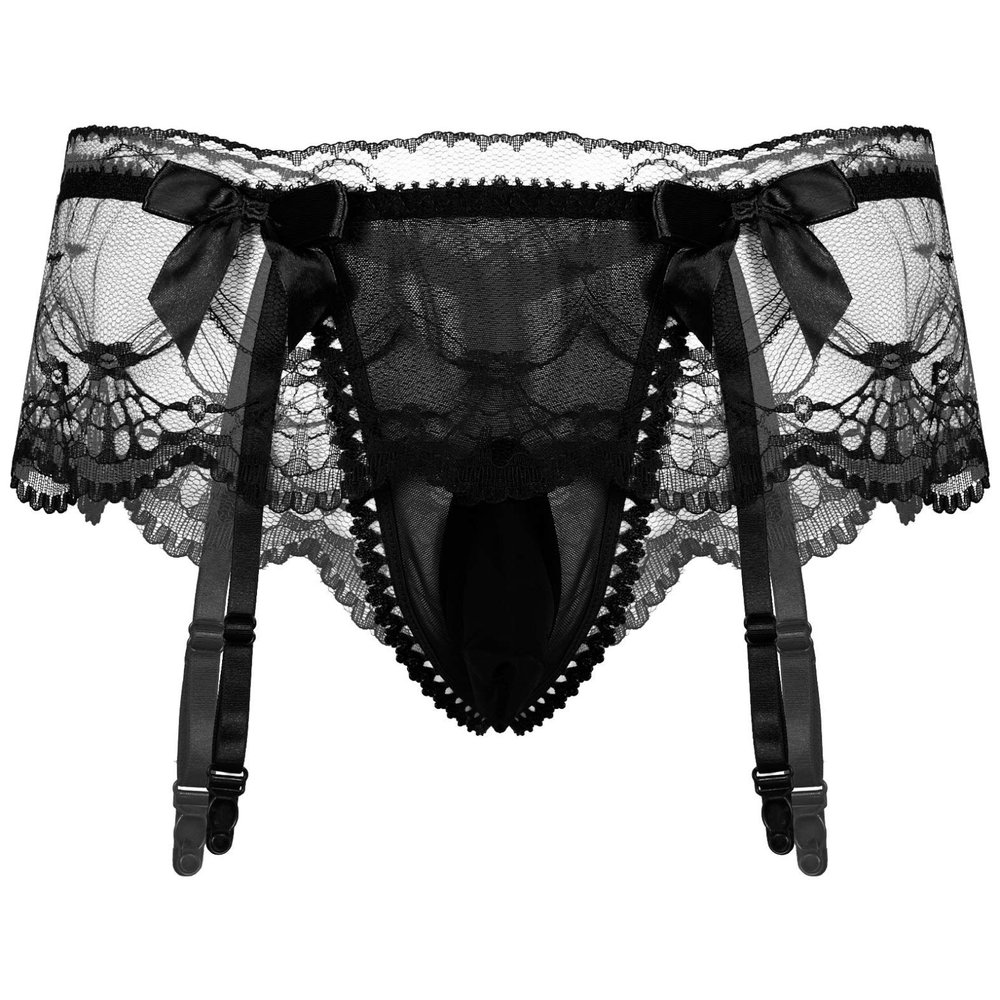 Alvivi Men's Sissy Lace Pouch Skirted Lingerie Sheer Bowknot Jockstraps Crossdress Bikini Briefs Underwear Black One Size